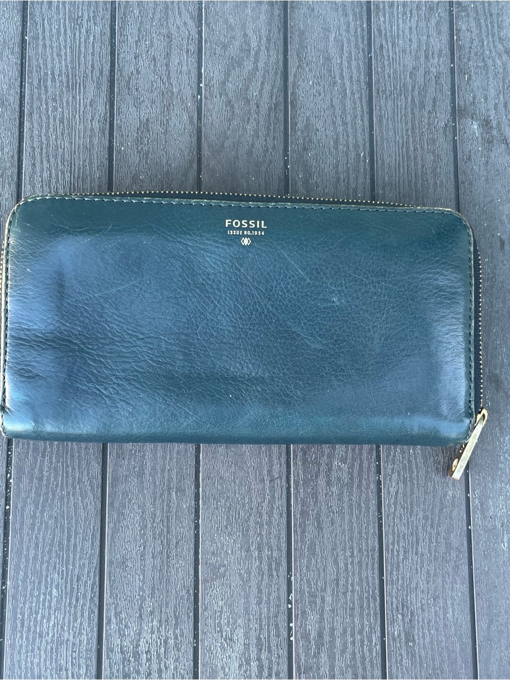Fossil Teal Leather Zip Wallet with Gold Hardware